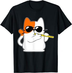 "Gatto dallo stile unico, flauto traverso e occhiali da sole: la maglietta perfetta per esprimere la tua coolness felina!"